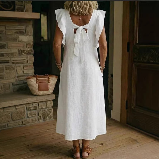 Womens Loose Cotton-Linen Suspender Dress With Ruffled Sleeves