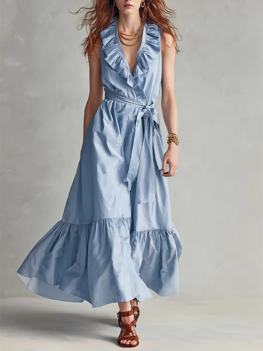 V-neck Sleeveless Lace-Up Panelled Dress