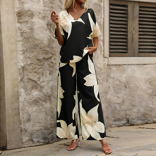 Printed V-neck Batwing-sleeve Top And Long Pants Two-piece Set