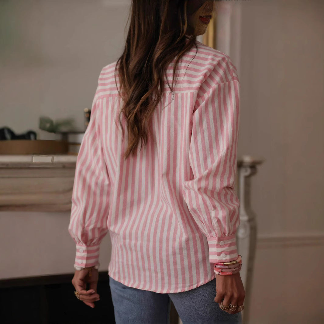 Striped Printed Shirt Cotton-Linen Texture Shirt Womens