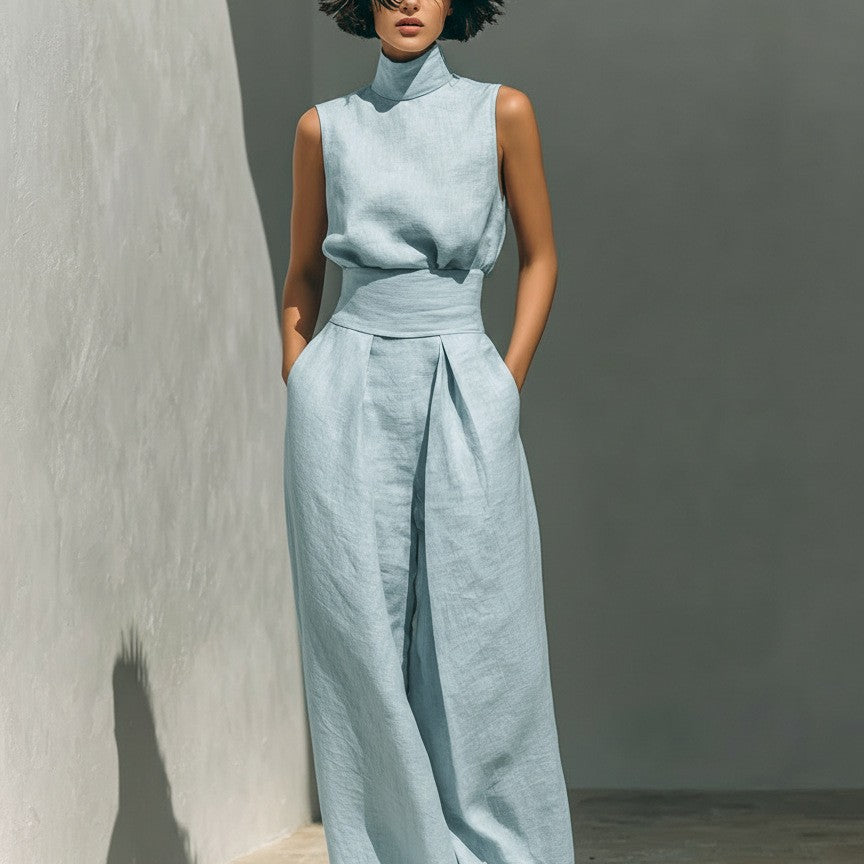 Womens Simple Cotton-Linen Blend Sleeveless Top And Wide-Leg Pants