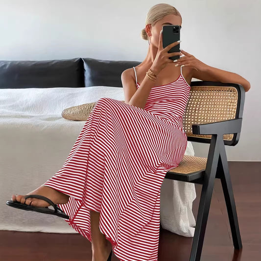 Fashionable Short-Sleeve Tank Top Backless Striped Slip Dress