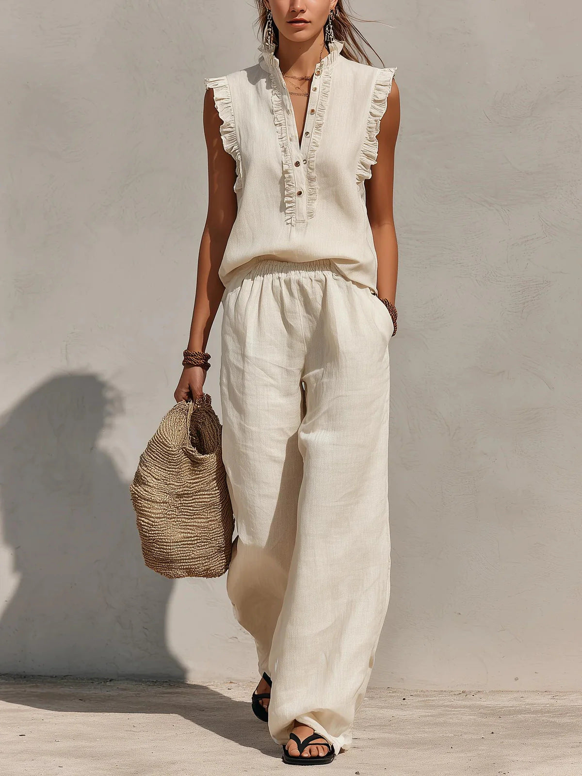 Sleeveless Ruffled V-neck Top And Elastic-waist Wide-leg Pants