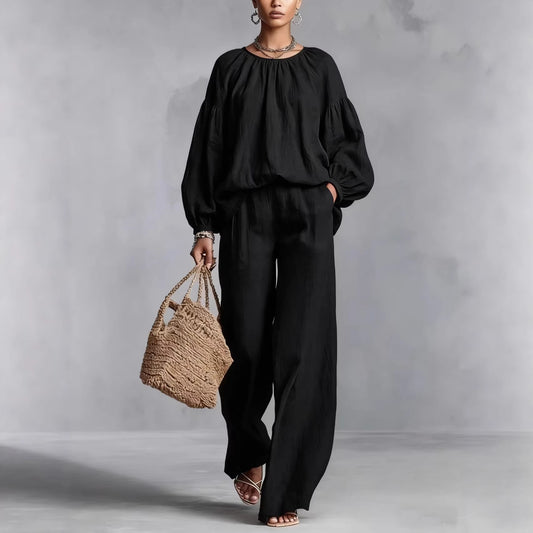 Women's Cotton-Linen Lantern-Sleeve Wide-Leg Pants Set