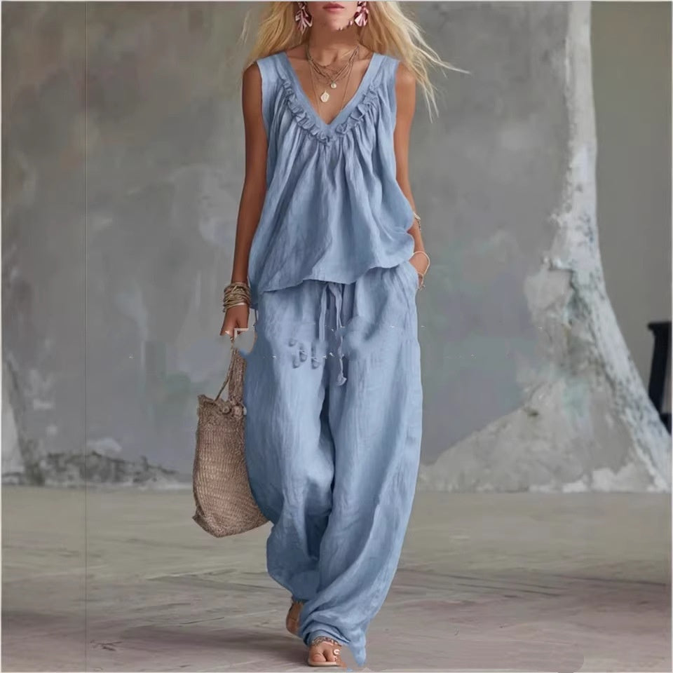 Casual Cotton Sleeveless Ruffle-Trim Top Set