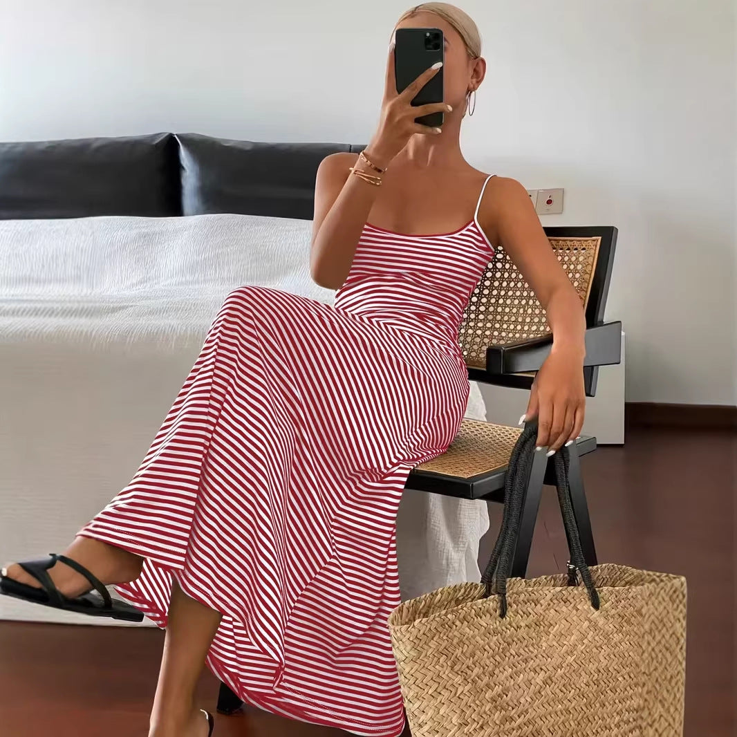 Fashionable Short-Sleeve Tank Top Backless Striped Slip Dress