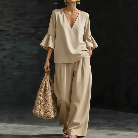 Womens V-neck Ruffle-Sleeve Top And Wide-Leg Pants Two-Piece Set