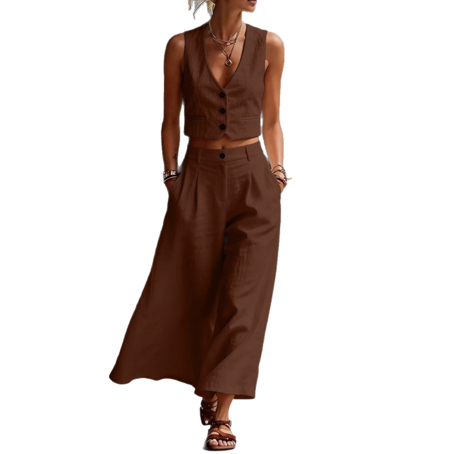 Womens Short V-Neck Vest And Wide-Leg Pants Set