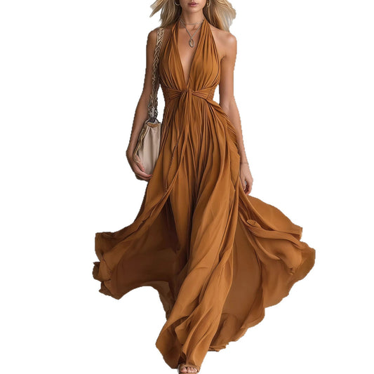 Solid-color V-neck Sleeveless Waist-cinching Dress