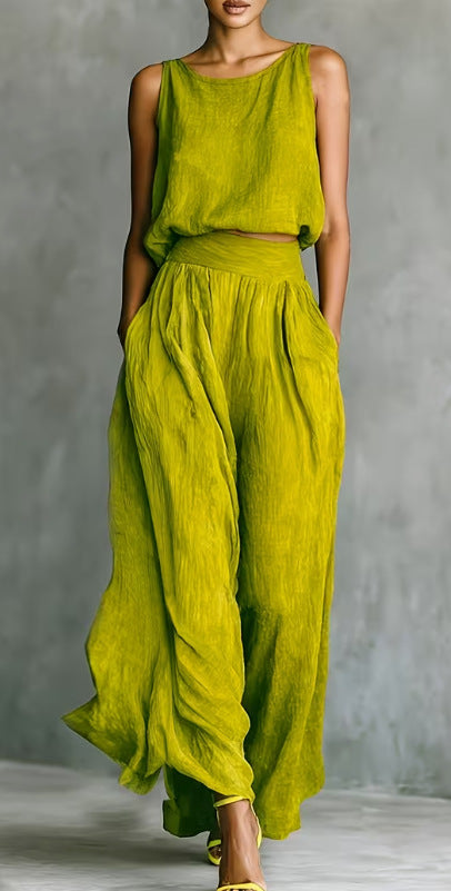 Casual Sleeveless Loose Crew-Neck Top And Wide-Leg Pants Set
