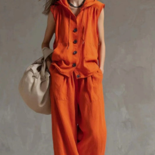 Sleeveless Loose Casual Hooded Top High-Waist Wide-Leg Pants Set