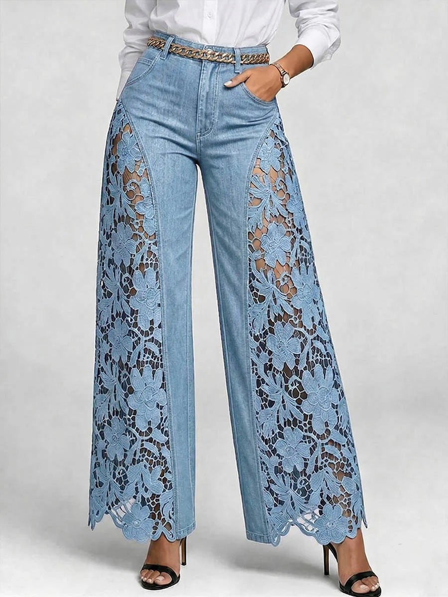 High-waisted Wide-leg Pants Womens Lace-panelled Jeans
