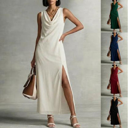Womens Fashion Split Hem Draped Neckline Sleeveless Chiffon Dress