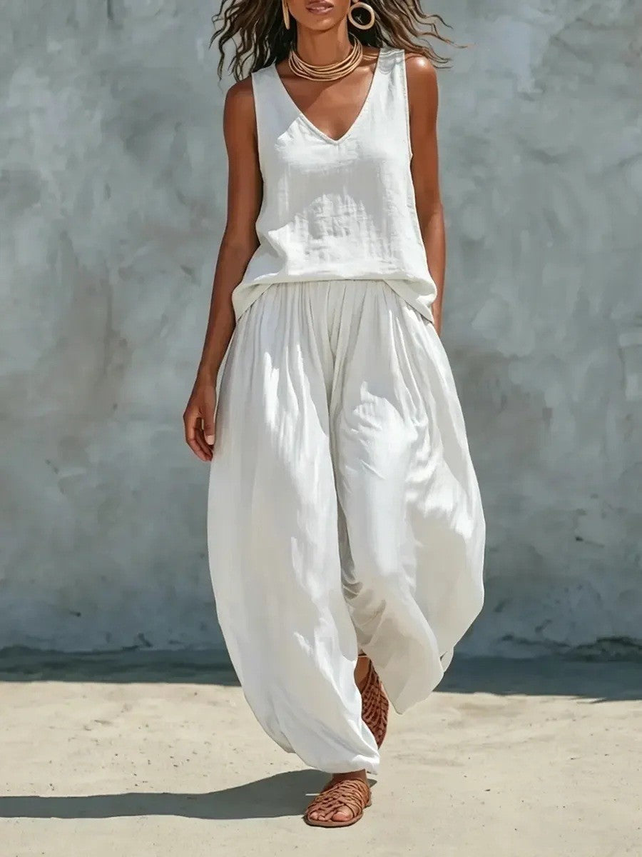 2026 European And American Cross-border Foreign Trade New Women's Clothing Amazon Solid Color Vacation Linen Sleeveless Simple Set