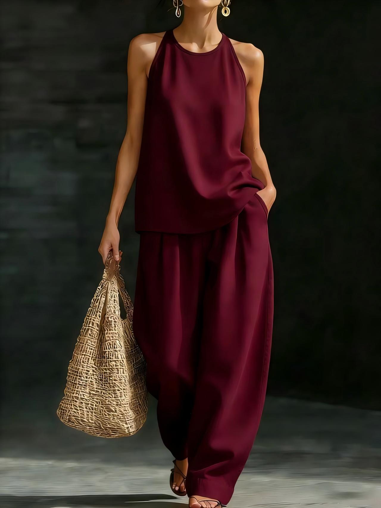 New Womens Crew-Neck Sleeveless Fashionable Casual Set