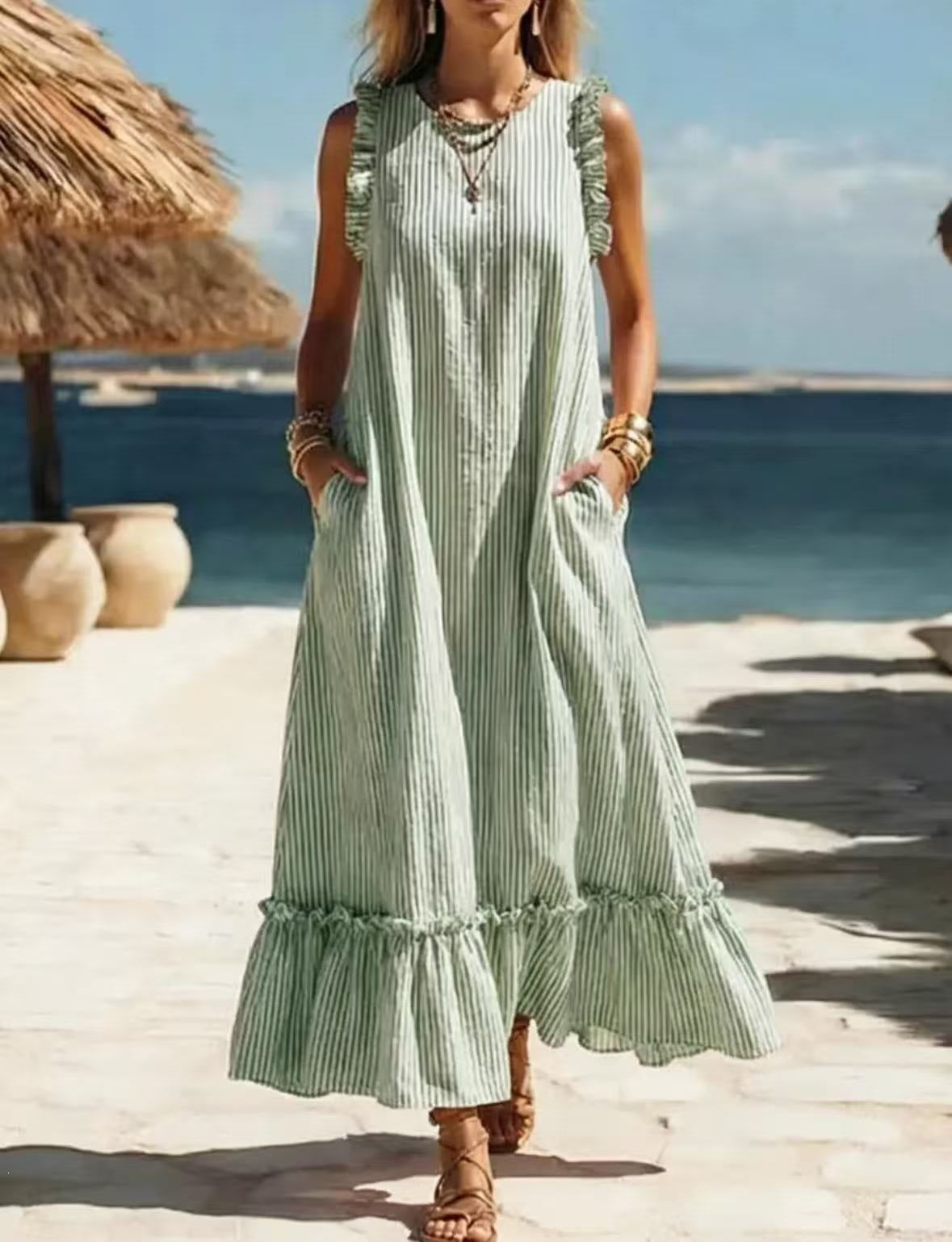 Sleeveless Ruffled Loose Striped Dress