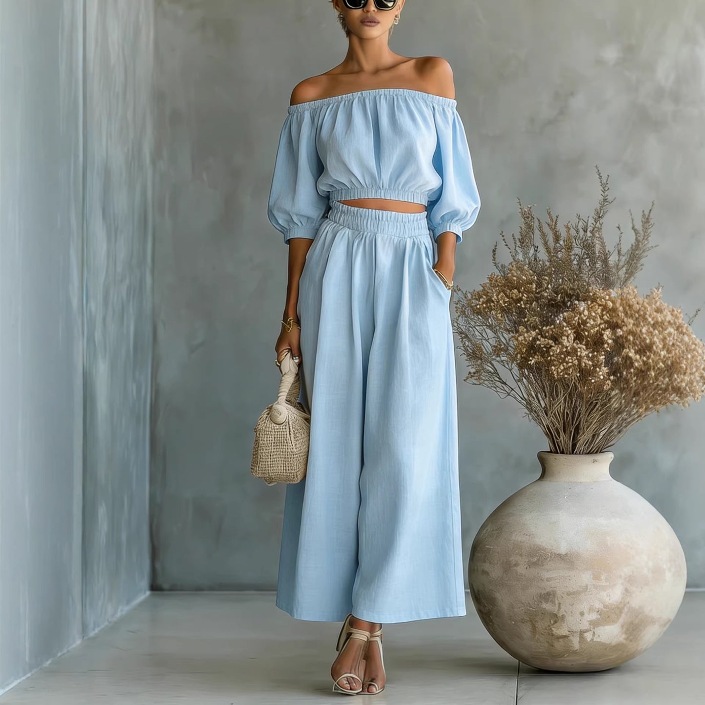 Casual Solid-color Cotton And Linen Top With High-waisted Wide-leg Pants