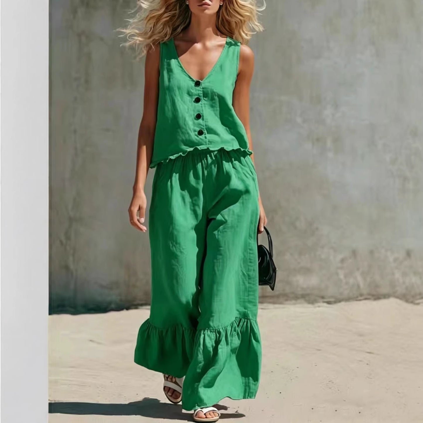 Womens Fashion Casual Solid Color V-Neck Vest And Pants Two-Piece Set