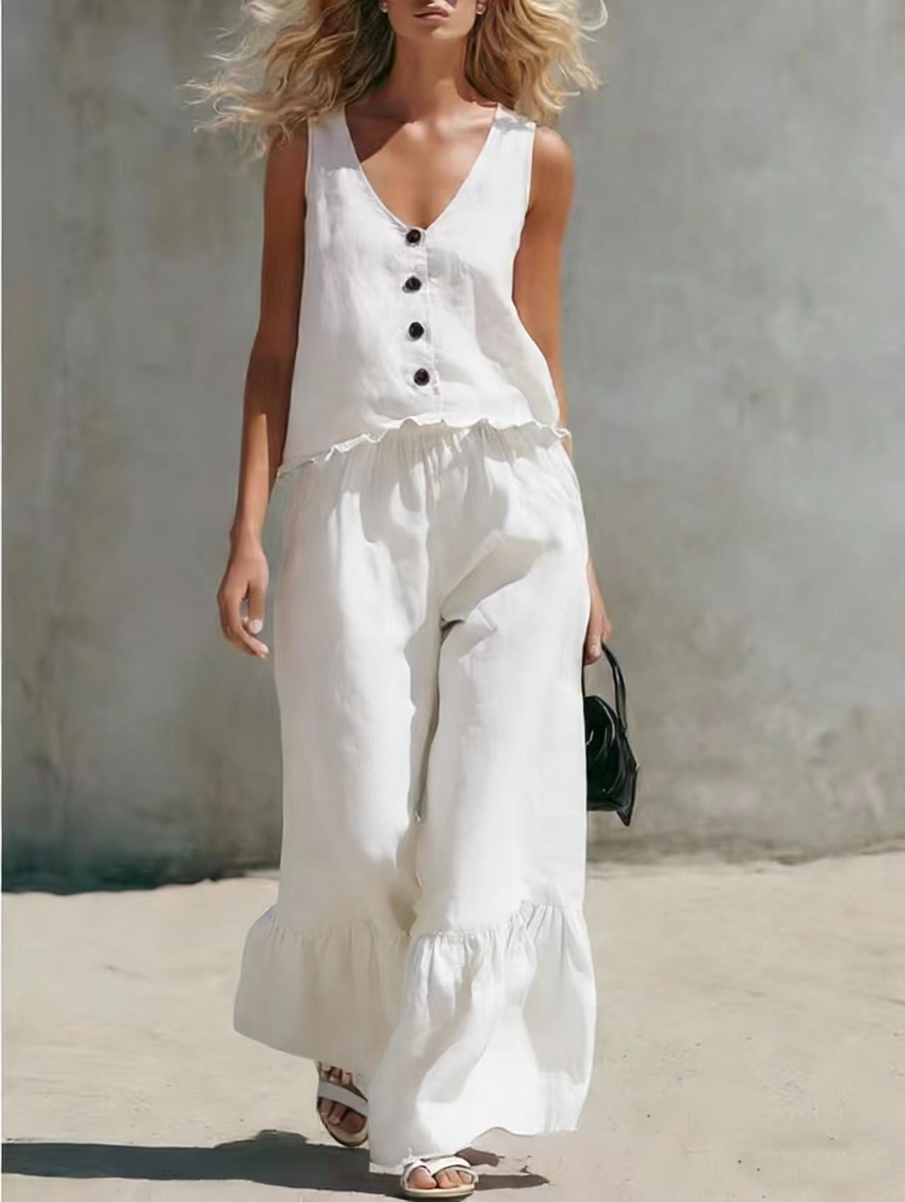 Womens Fashion Casual Solid Color V-Neck Vest And Pants Two-Piece Set