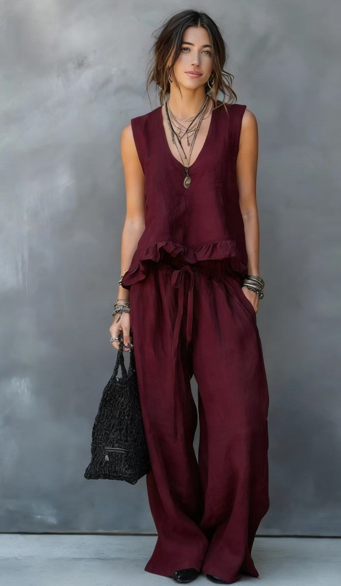 V-neck Sleeveless Ruffled Hem Dark Gray Casual Set