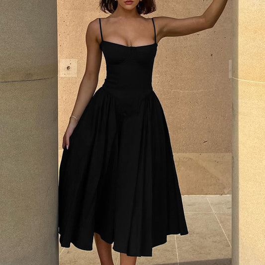 Spicy Sexy V-Neck Slip Dress With Waist-Cinching Design, Slimming Backless Style For Women