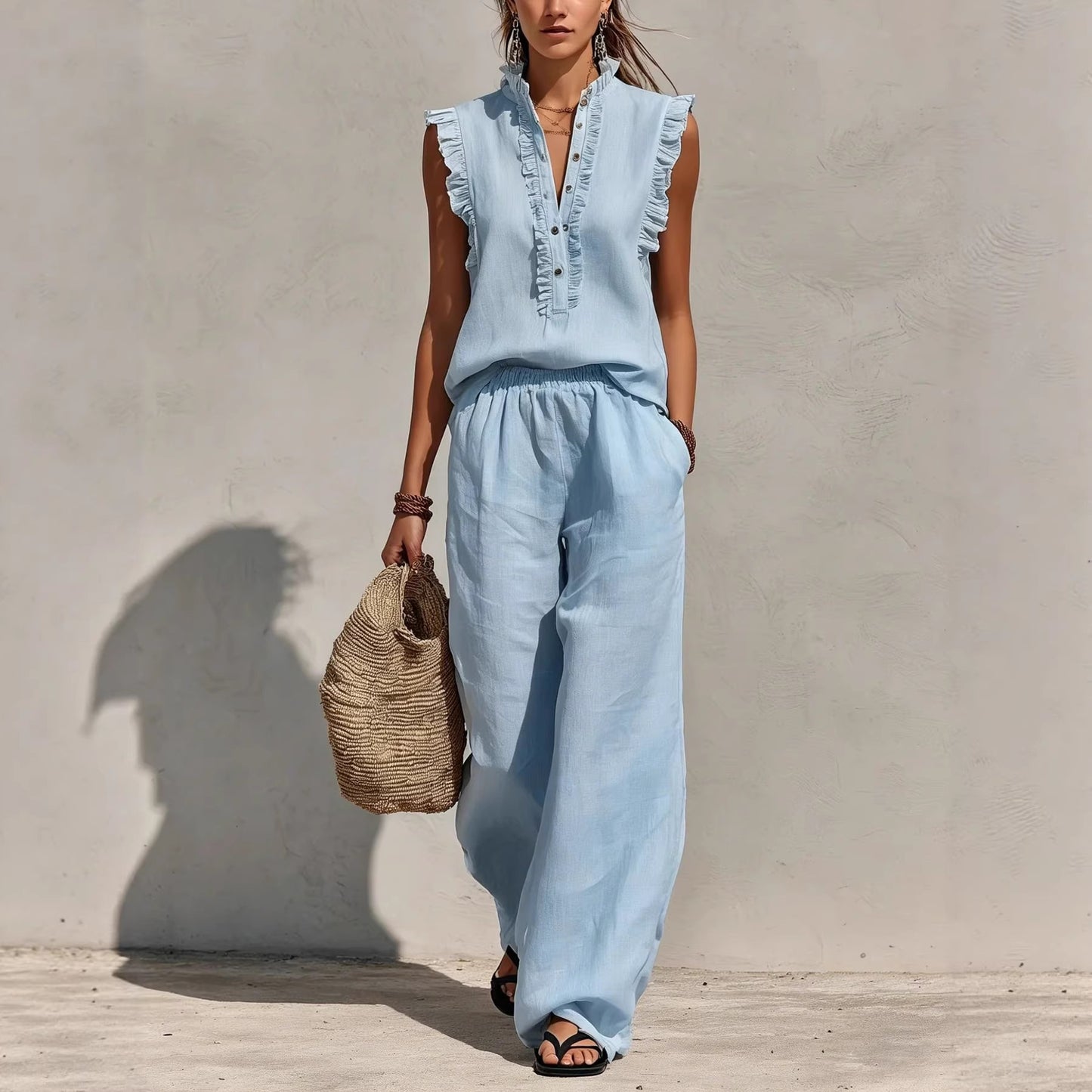 Sleeveless Ruffled V-neck Top And Elastic-waist Wide-leg Pants