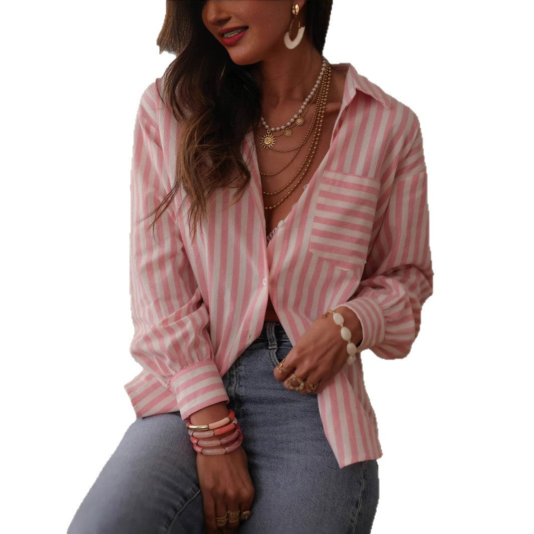 Striped Printed Shirt Cotton-Linen Texture Shirt Womens