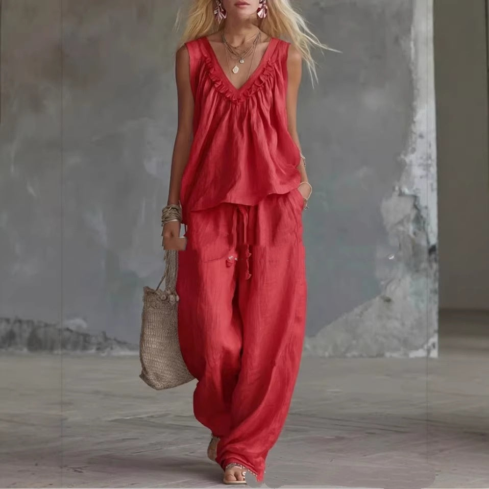Casual Cotton Sleeveless Ruffle-Trim Top Set