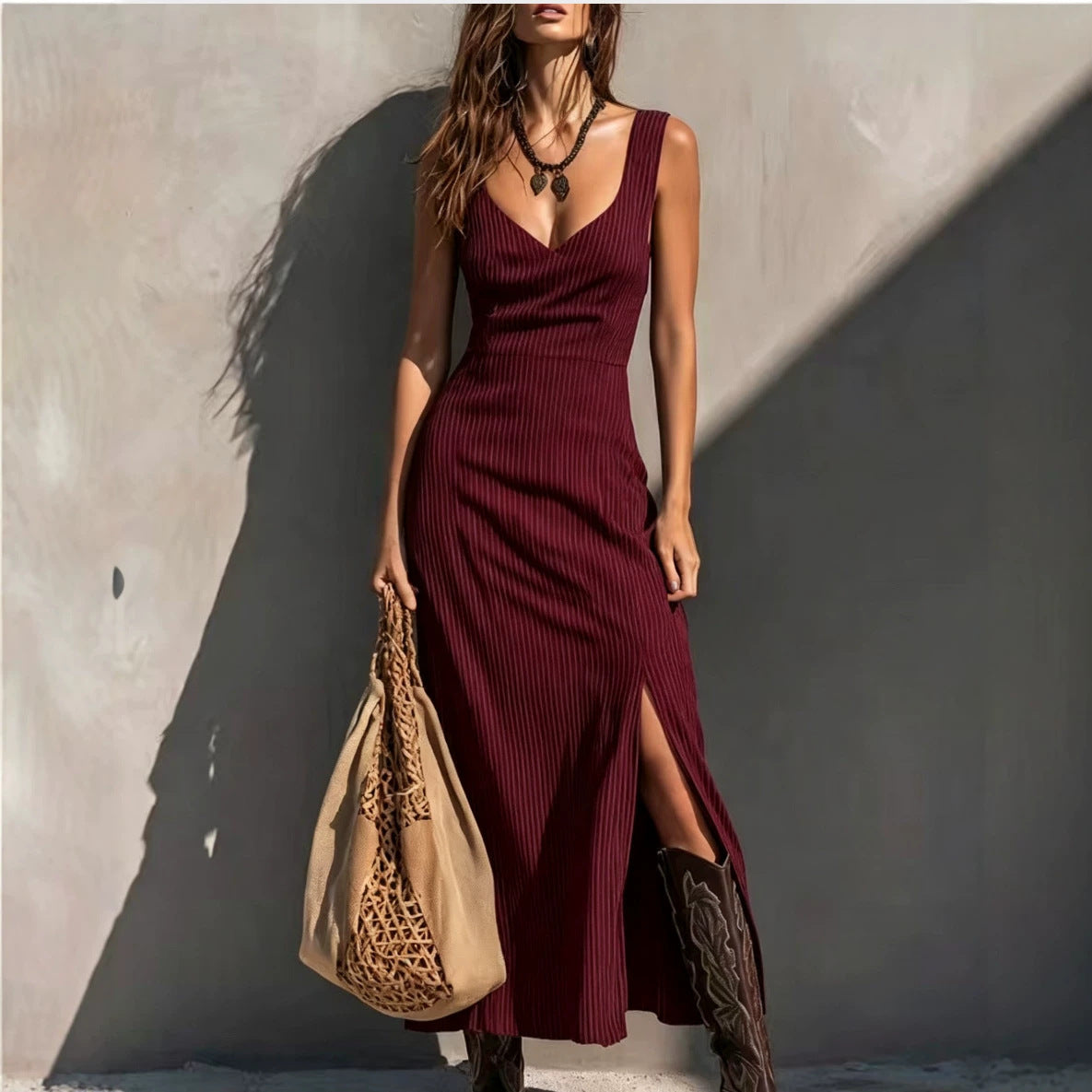 Womens Slit Slip Midi Bodycon Dress