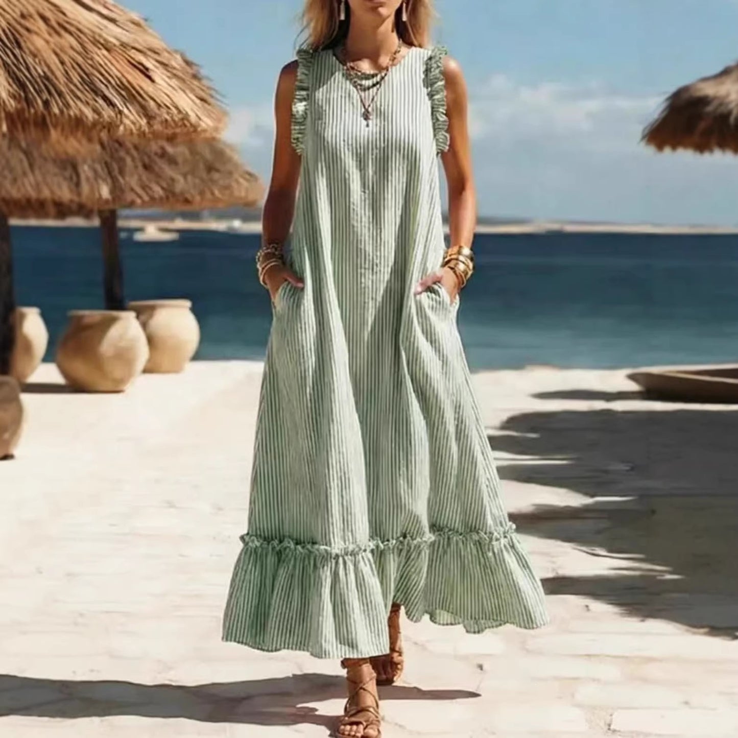 Sleeveless Ruffled Loose Striped Dress