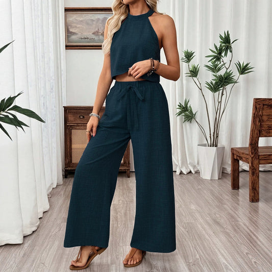 Neck-hanging Sleeveless Cropped Top And Wide-leg Pants Set