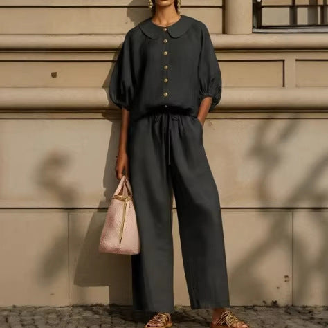 Fashionable Collar Shirt And Wide-Leg Pants Linen Two-Piece Set