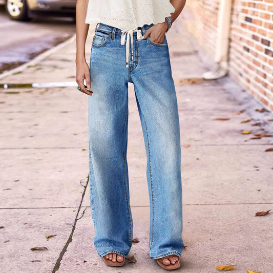 Tied-cord Denim High-waist Slim-fit Straight-leg Pants