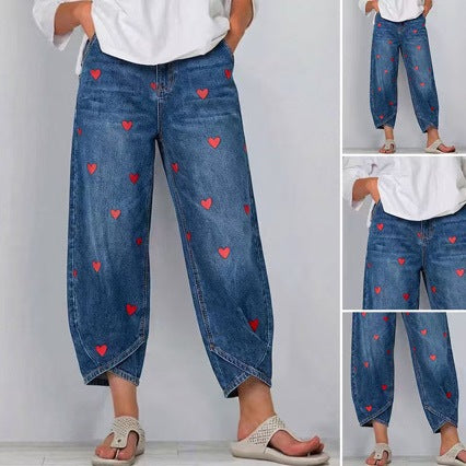 Women's Washed Denim Jeans With Heart Print