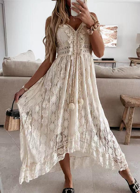 Lace Strap Solid Color Swing Maxi Dress
