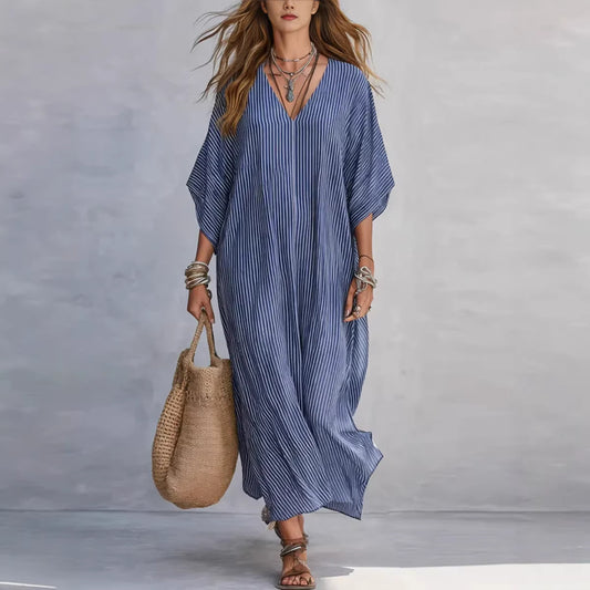 Loose-fitting Plus-size Resort Maxi Dress V-neck Shirt-style Striped Sundress