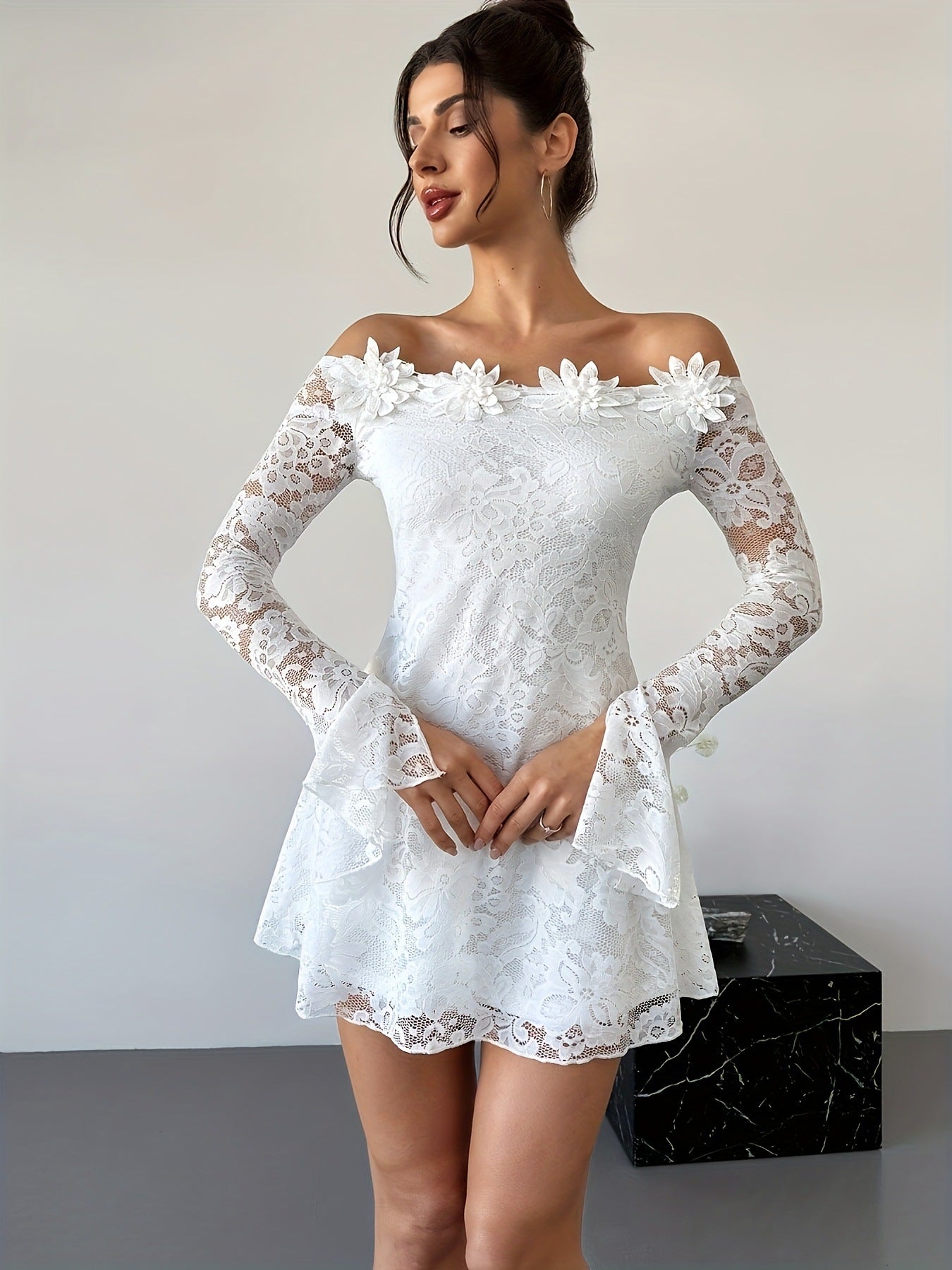 SpringSummer White Off-Shoulder Lace Short Dress For Women
