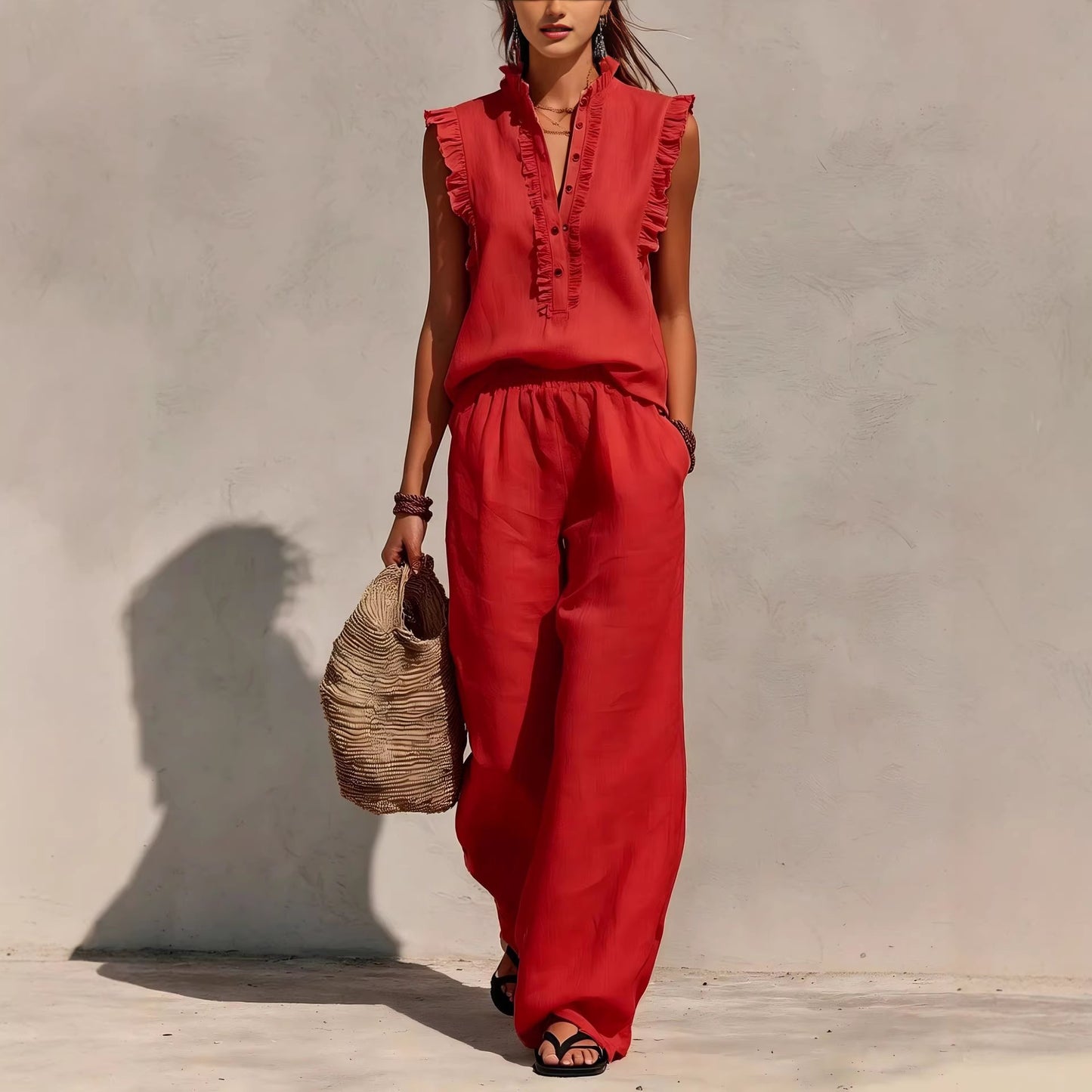 Sleeveless Ruffled V-neck Top And Elastic-waist Wide-leg Pants
