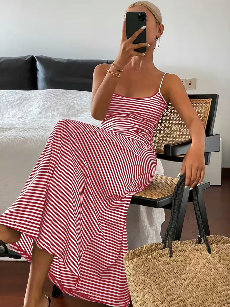 Fashionable Short-Sleeve Tank Top Backless Striped Slip Dress