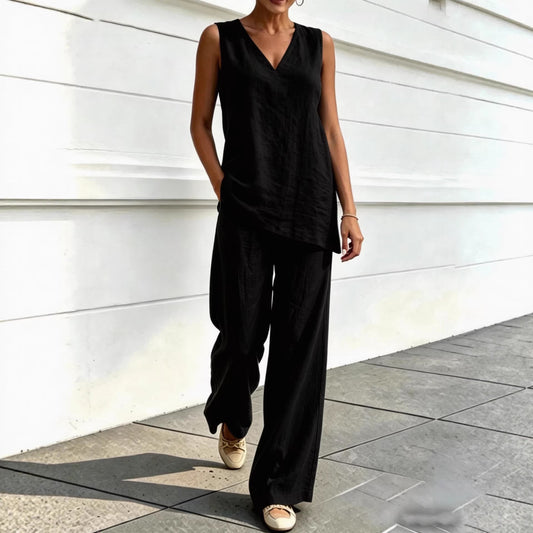 Womens V-neck Sleeveless Cotton-Linen Top And Wide-Leg Pants Set