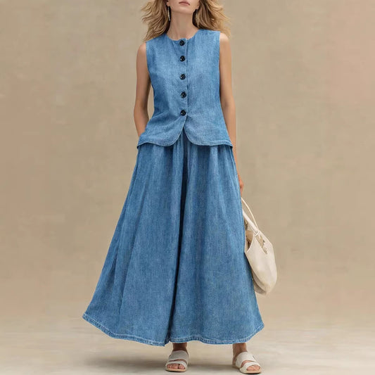 Womens Crew-Neck Denim Top And High-Waist A-Line Skirt Denim Set
