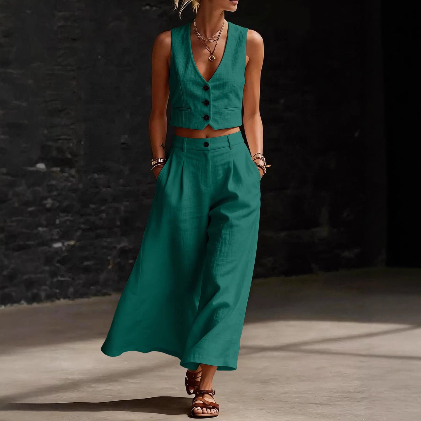 Womens Short V-Neck Vest And Wide-Leg Pants Set