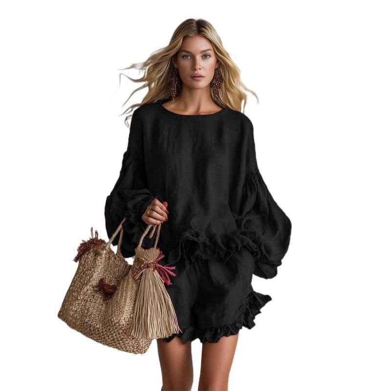 Loose-fitting Lantern-Sleeve Top And Shorts Two-Piece Set For Women