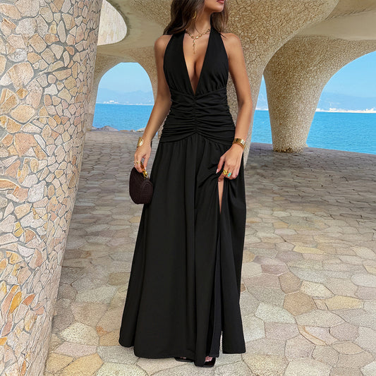 European And American-style Elegant Halter-neck Low-cut High-slit Dress