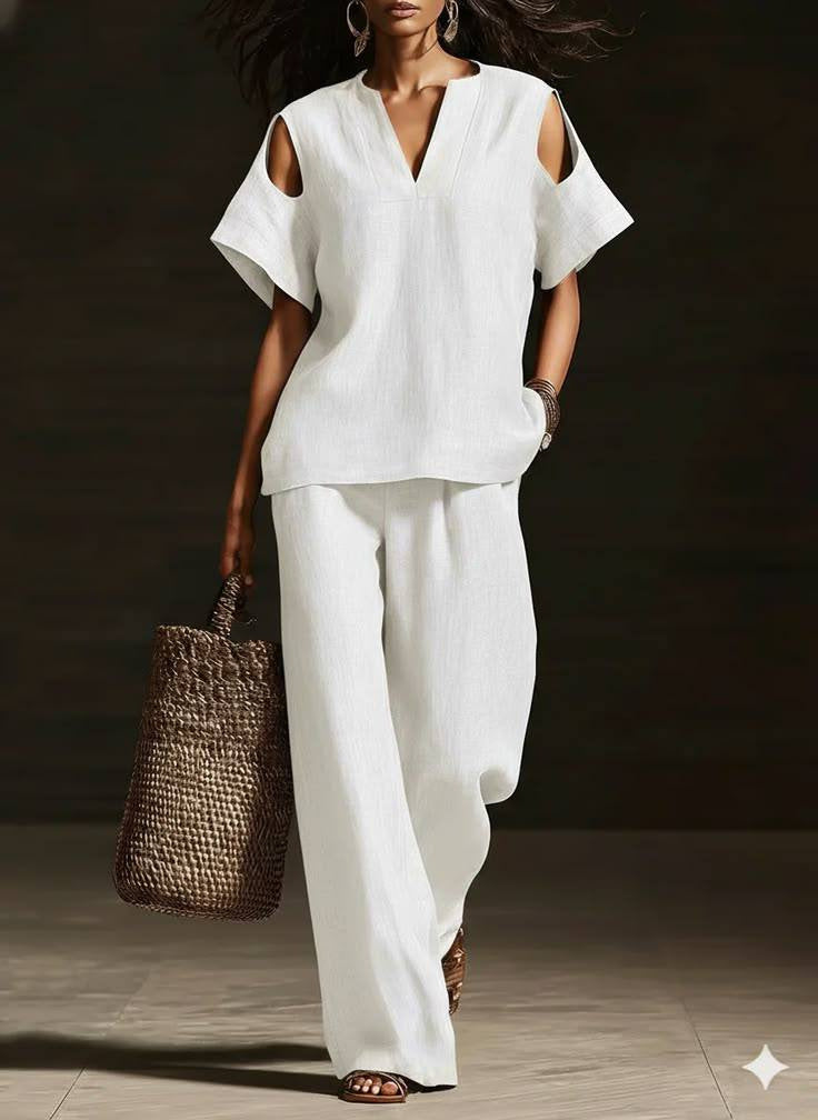 Womens Solid-Colored V-Neck Straight-Leg Pants Short-Sleeve Set With Ripped Details