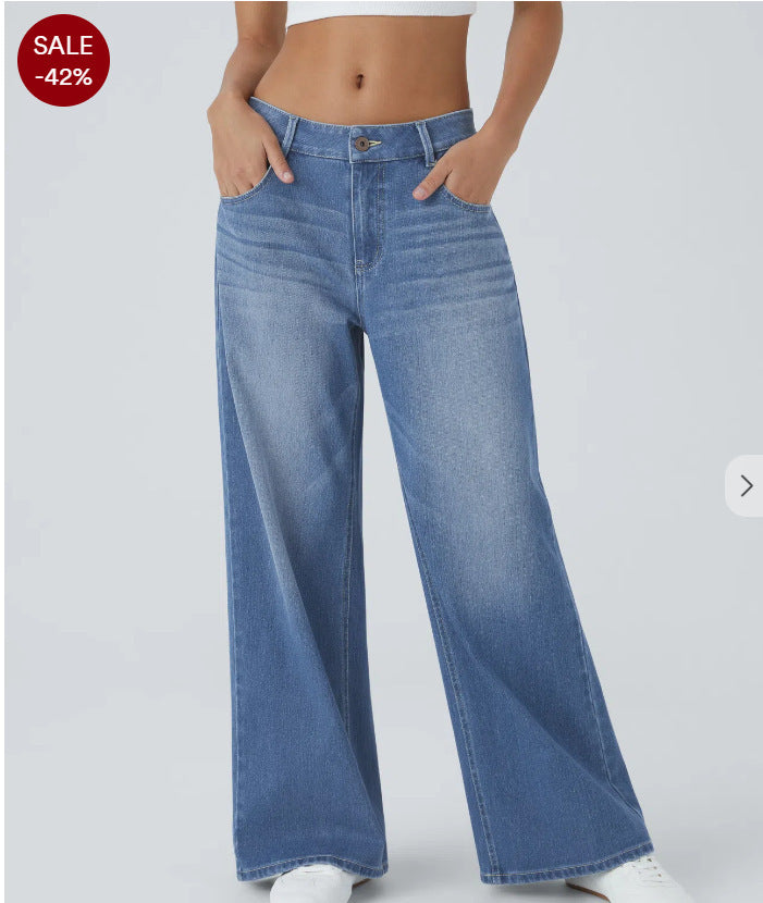 Women's Retro Washed Denim Wide-Leg Jeans With Multiple Textures