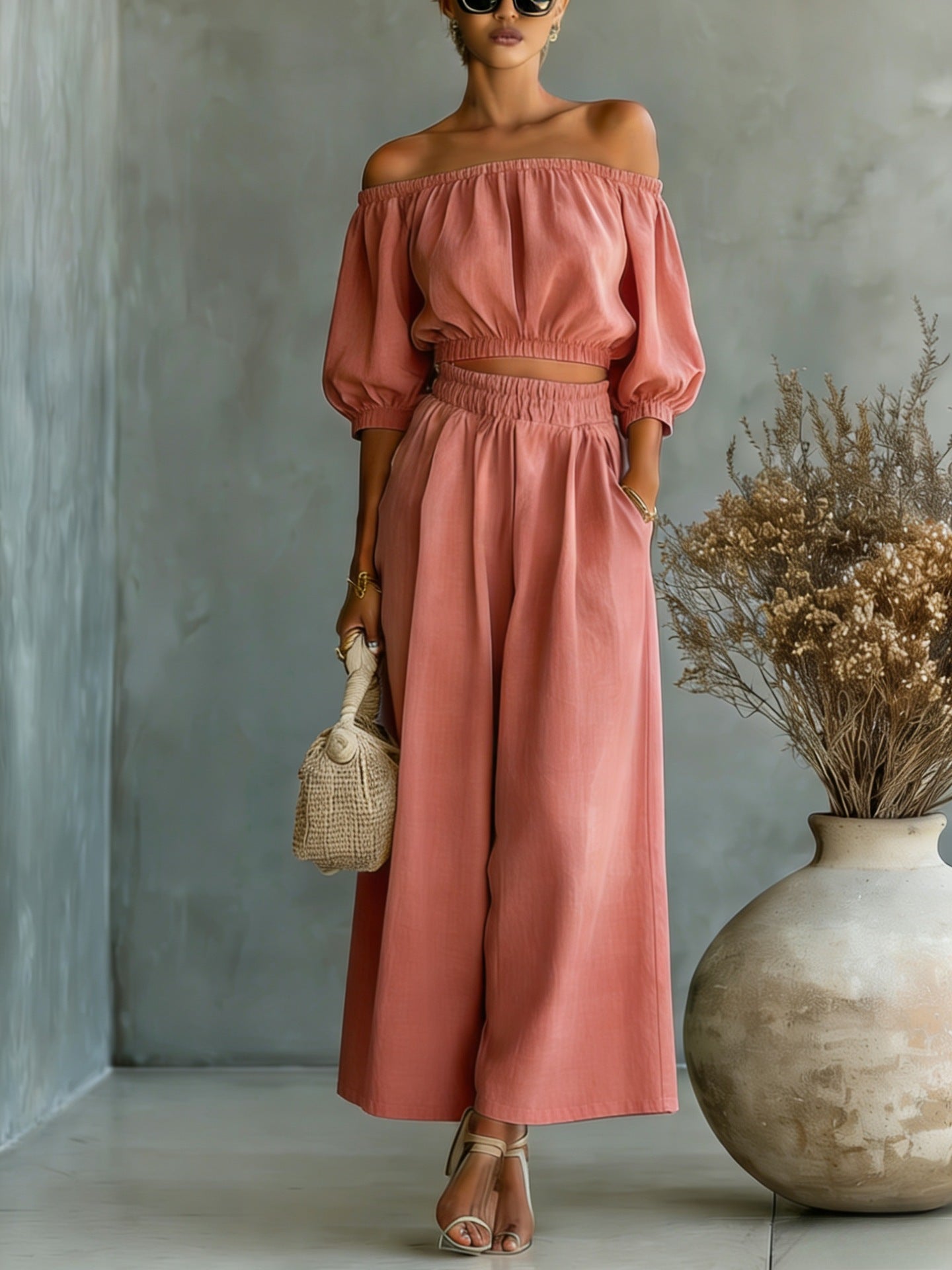 Casual Solid-color Cotton And Linen Top With High-waisted Wide-leg Pants