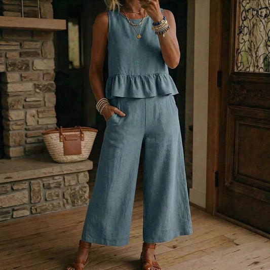 Womens Ruffled Hem Sleeveless Tank Top And Cropped Pants Cotton-Linen Set
