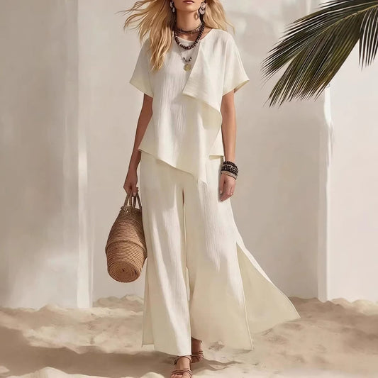 Casual Asymmetrical Short-sleeve Top And Slit Wide-leg Pants Set