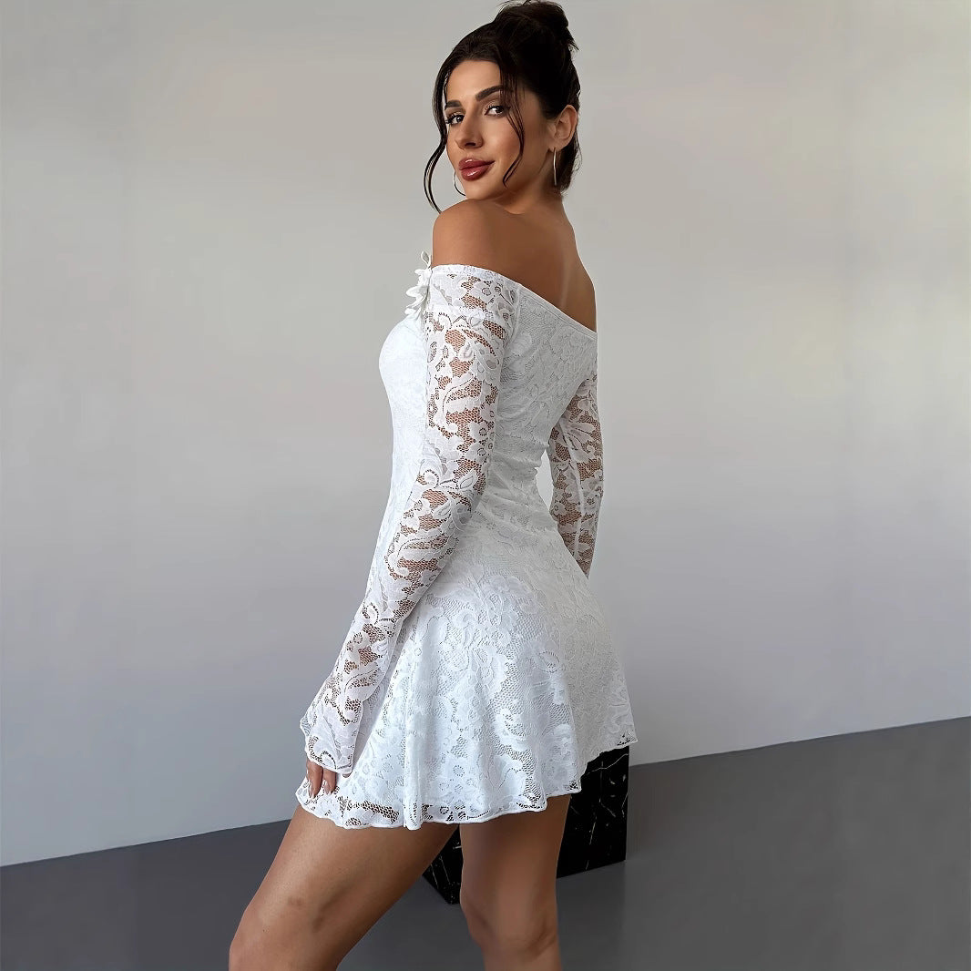 SpringSummer White Off-Shoulder Lace Short Dress For Women